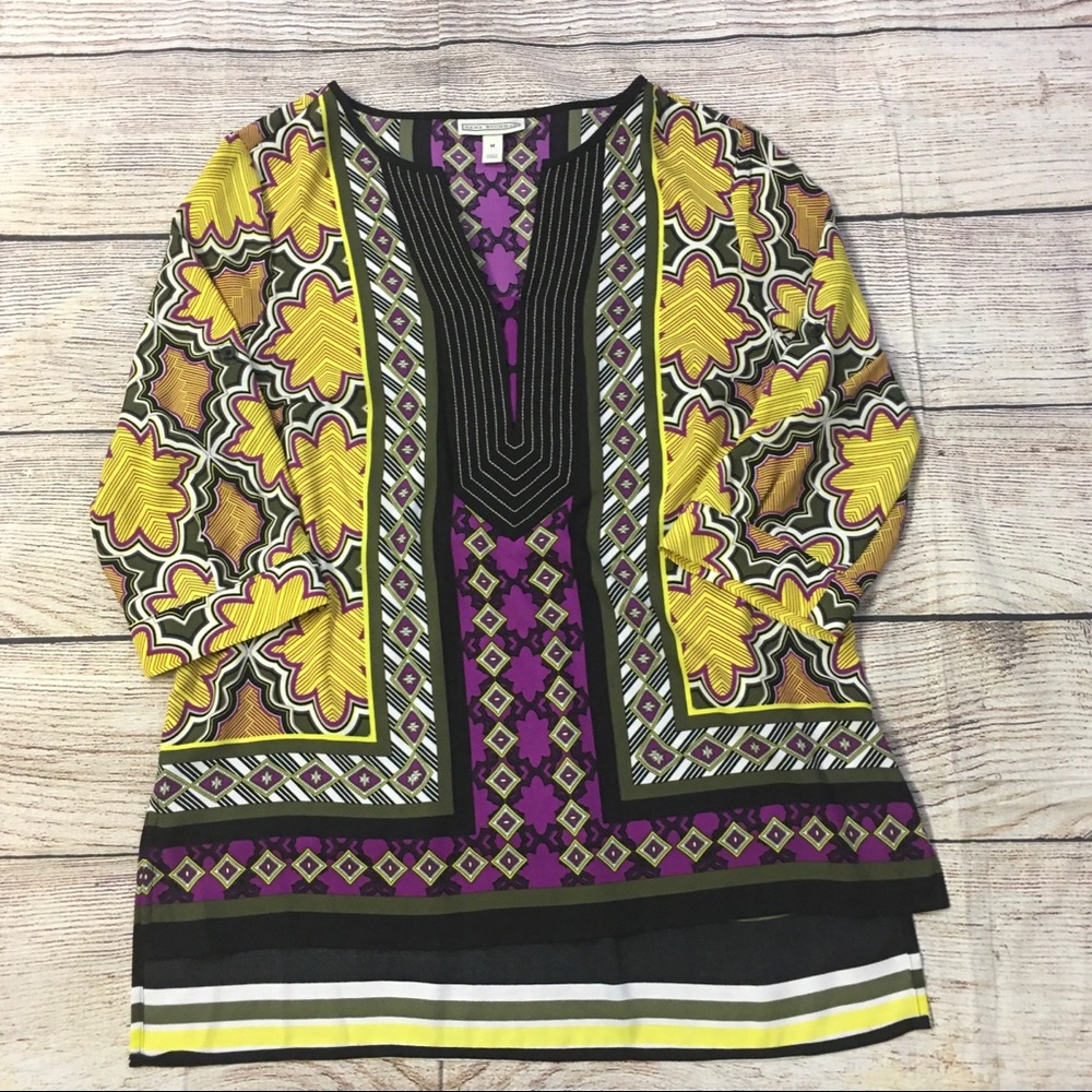 😍Dana Buchman Yellow Black Purple Patterned Tunic Top Size Medium